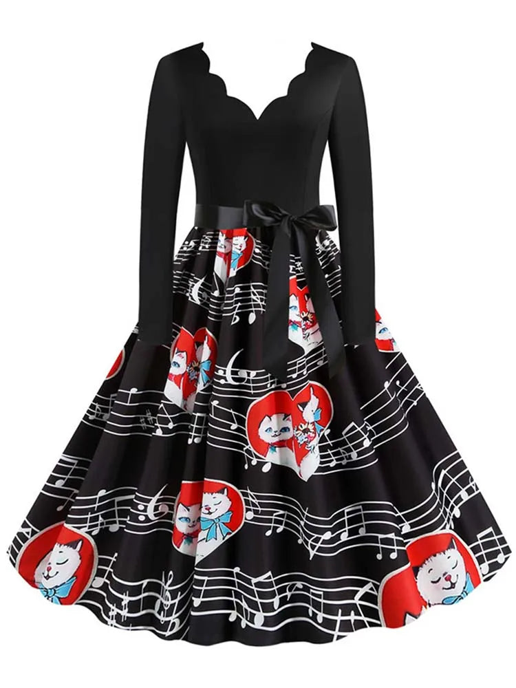 Women Long Sleeve Winter Vintage Dresses Sexy Black Music Note Print V-neck Rockabilly Pin up Party Dress Vestidos Plus size
