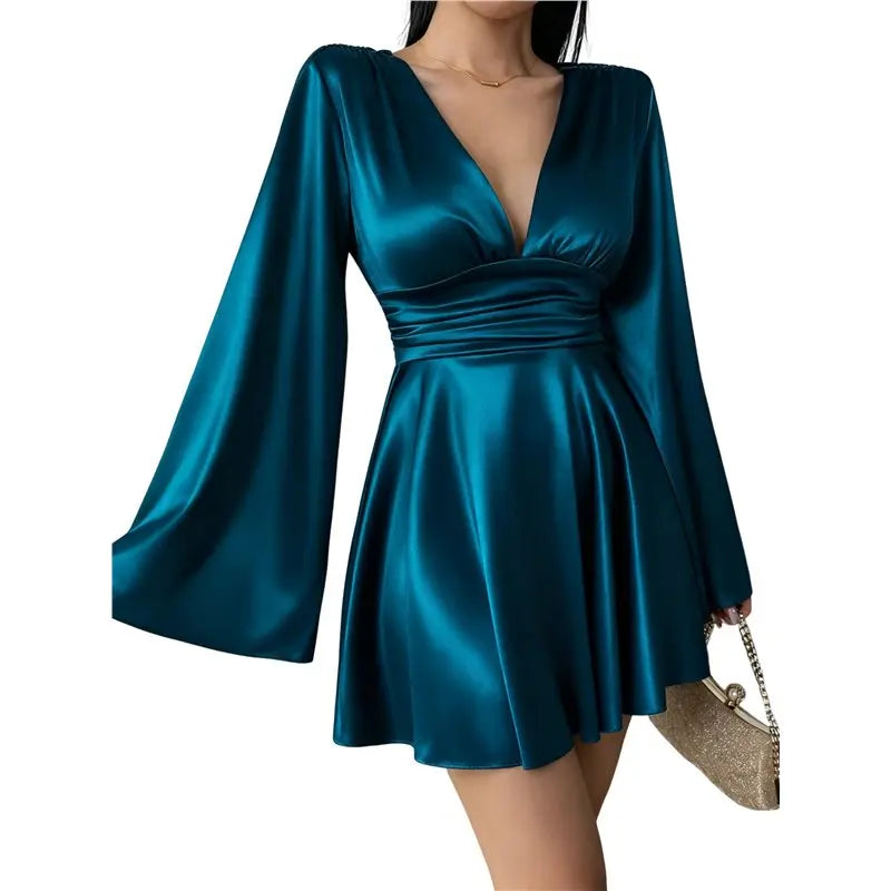 CYL-Women's Deep V Neck Long Sleeve Mini Satin Silk Dress Elegant Flowy Wedding Guest Party Short Dresses