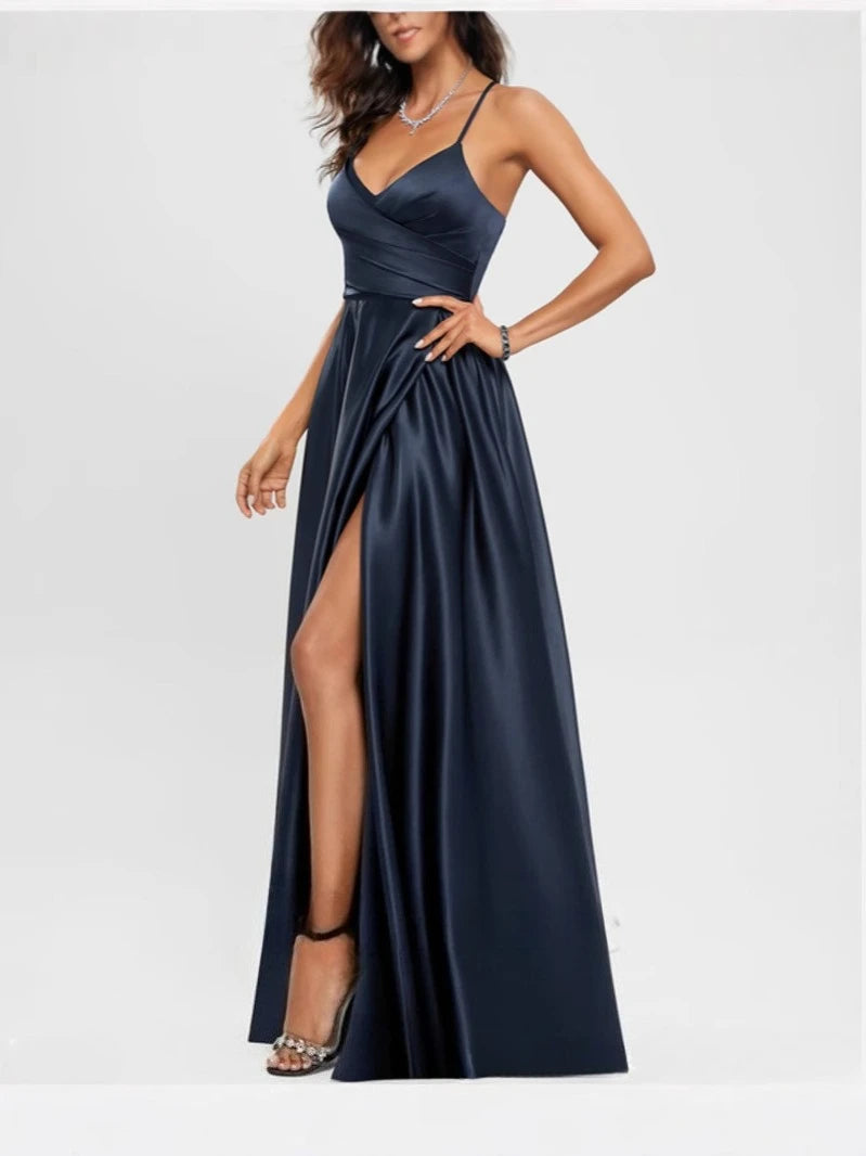 Classic Spaghetti Straps Side Split Back Lace Up Satin Long Bridesmaid Dress