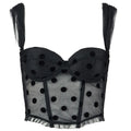 Women's Black Polka Dot Mesh Bustier Top, Sheer Lace Trim Corset Crop Top, Retro Pin-Up Style Camisole for Party & Date Night