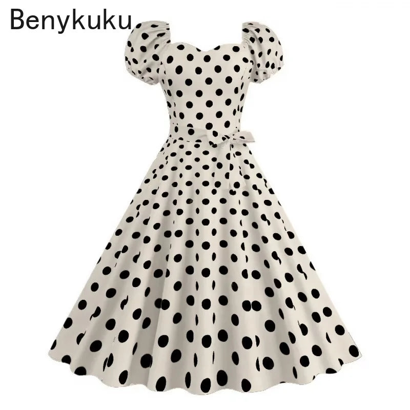 Retro Red Polka Dot Summer Dress Audrey Hepburn Vintage Swing Clothes Puff Sleeve 50s 60s Pin Up Rockabilly Dresses Robe Femme
