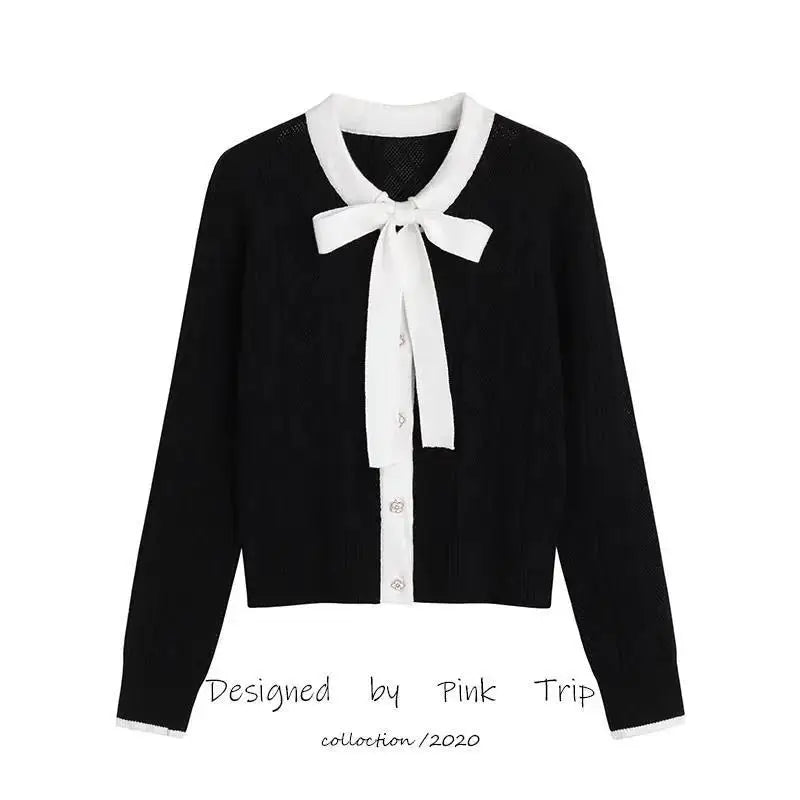 Lace Up Bow Knit Cardigan Spring And Autumn New Women's Color Contrast Hollow Pin Short Slim Top