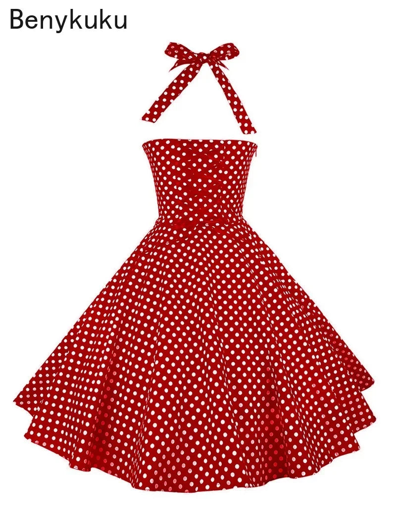 Polka Dot Hepburn Style 50s 60s Vintage Dress A-Line Backless Halter Pin Up Rockabilly Dress Women Summer Retro Party Vestidos