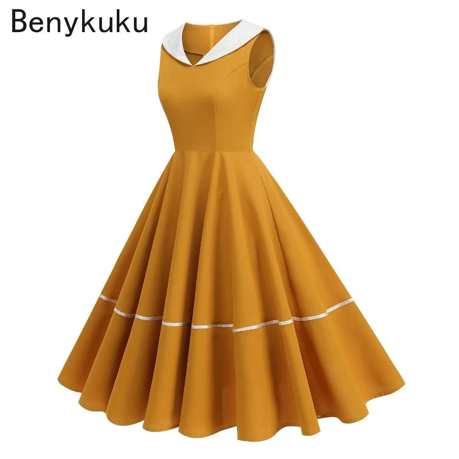 Preppy Style  Sailor Collar Vintage 50s 60s Swing Dress Summer Women Clothes Elegant Sleeveless School Pin Up Rockabilly Dresses