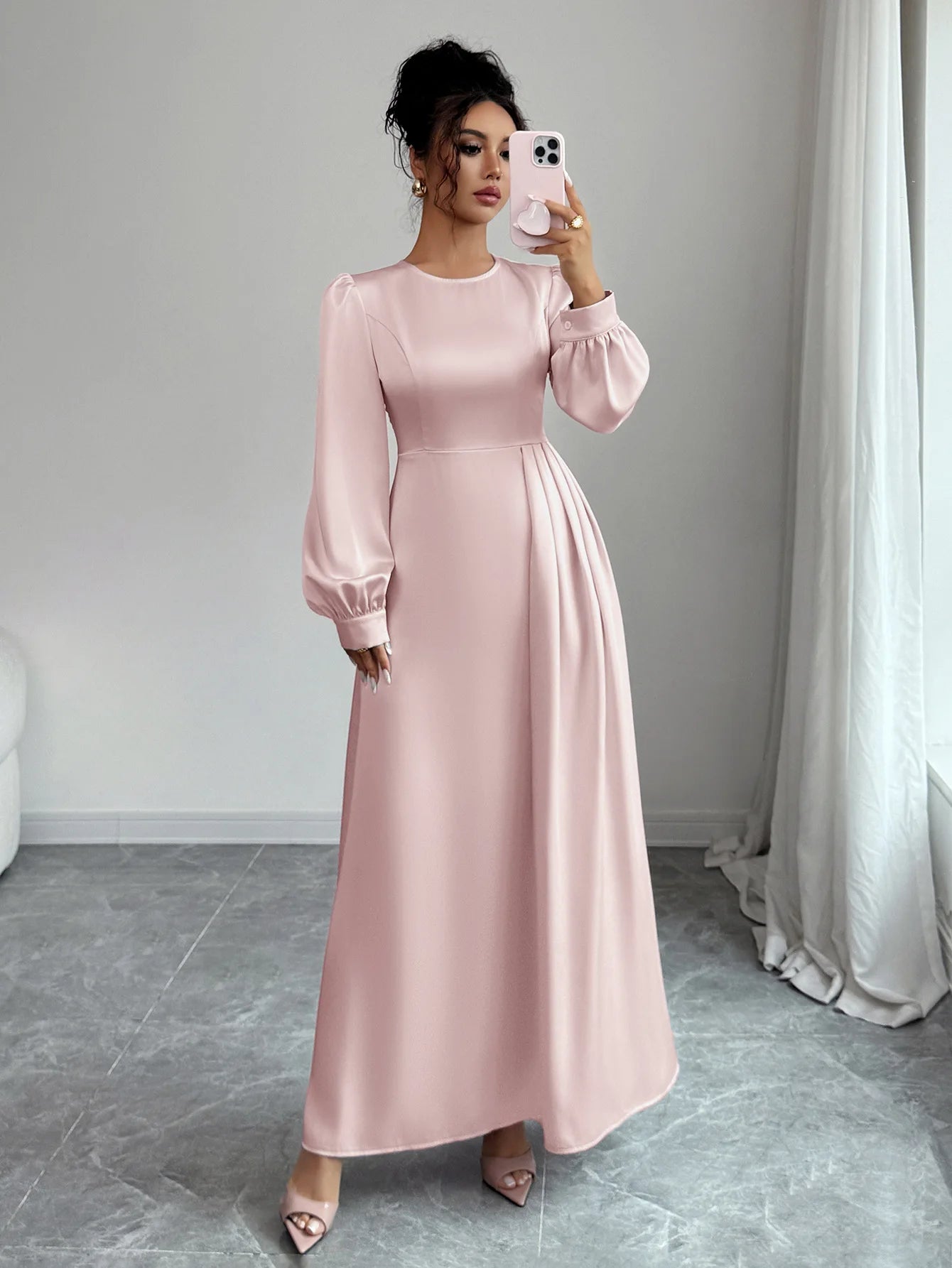Women's Pink Satin Maxi Dress Long Puff Sleeve Round Neck High Waist Pleated Flare Skirt Formal Evening Party Wedding Guest Gown