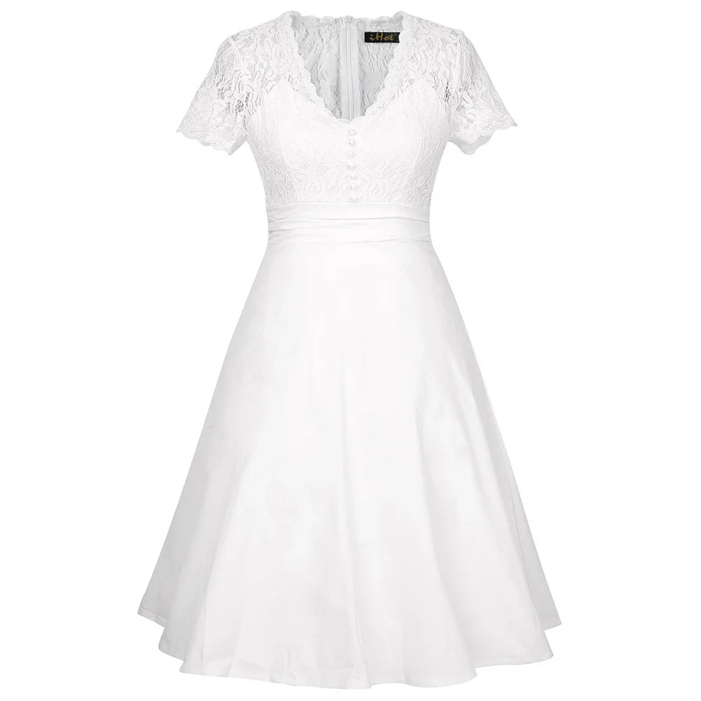 Sexy Deep V Neck High Waist White Lace Patchwork A Line Dress Summer Women Rockabilly Pin Up Casual Evening Party Ladies Dresses