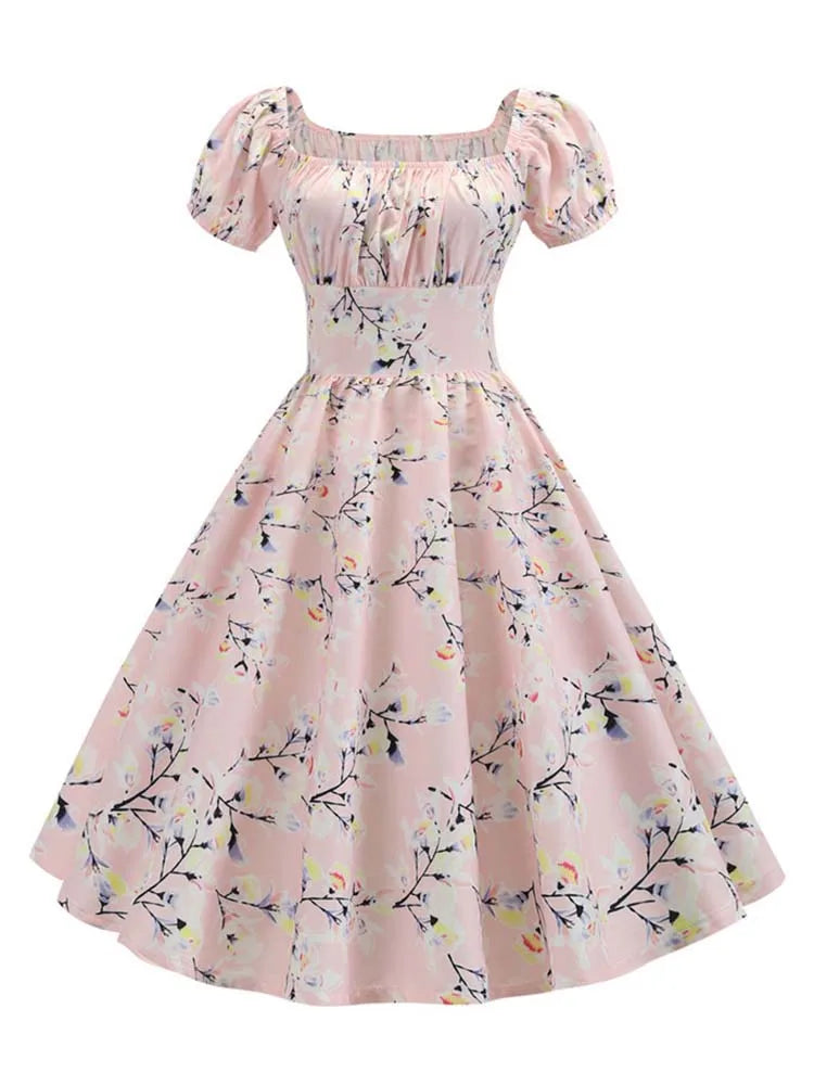 Elegant Floral Print Summer Dress Women Puff Sleeve Swing Vintage Pin up Party Robe Femme Classic Jurken Style