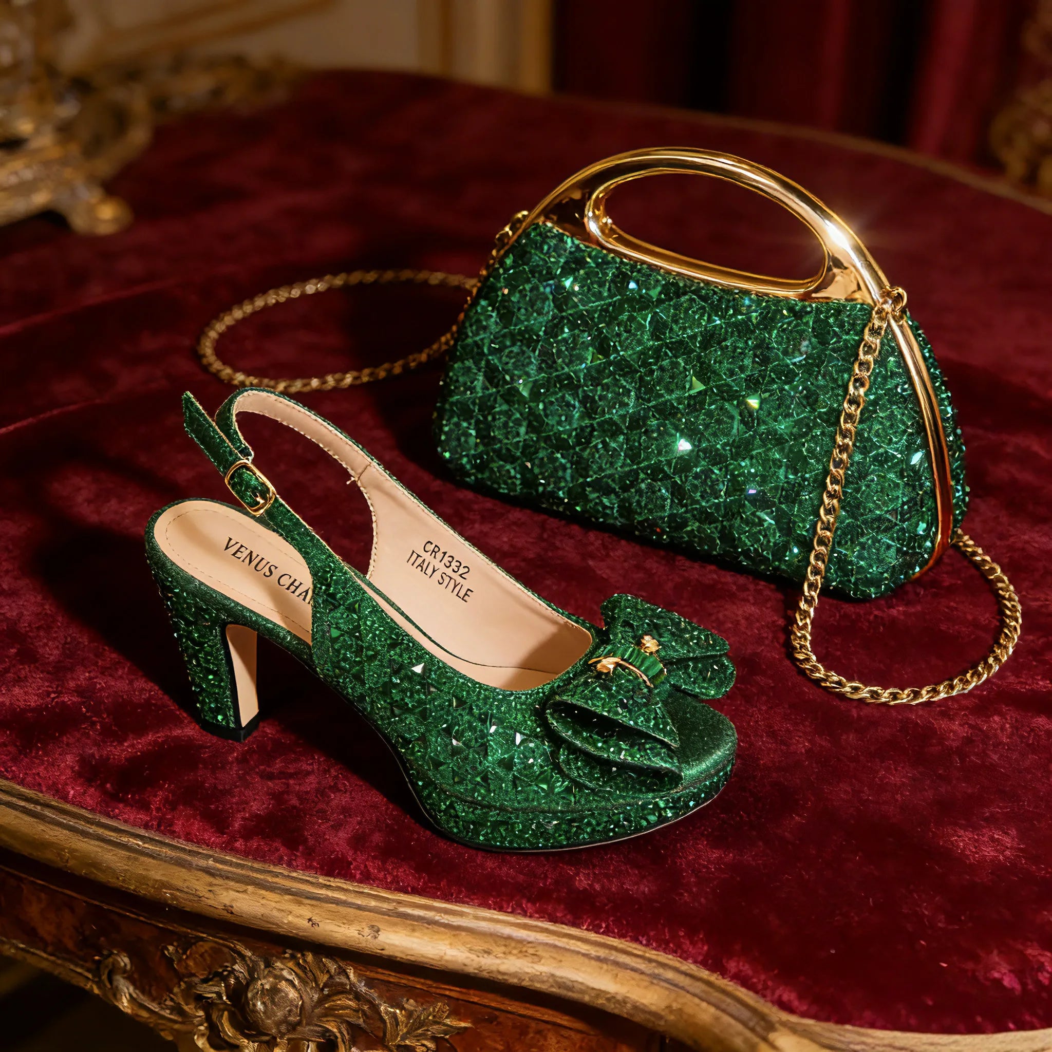 Latest Rhinestone Peep-Toe High and Bag Set EDS36