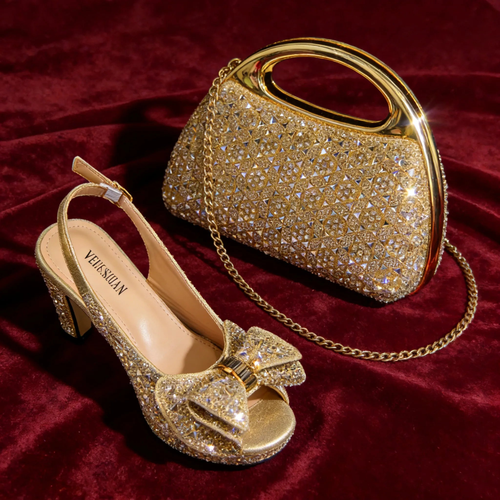 Elegant Women's Peep Toe High Heels with Matching Handbag EDS09