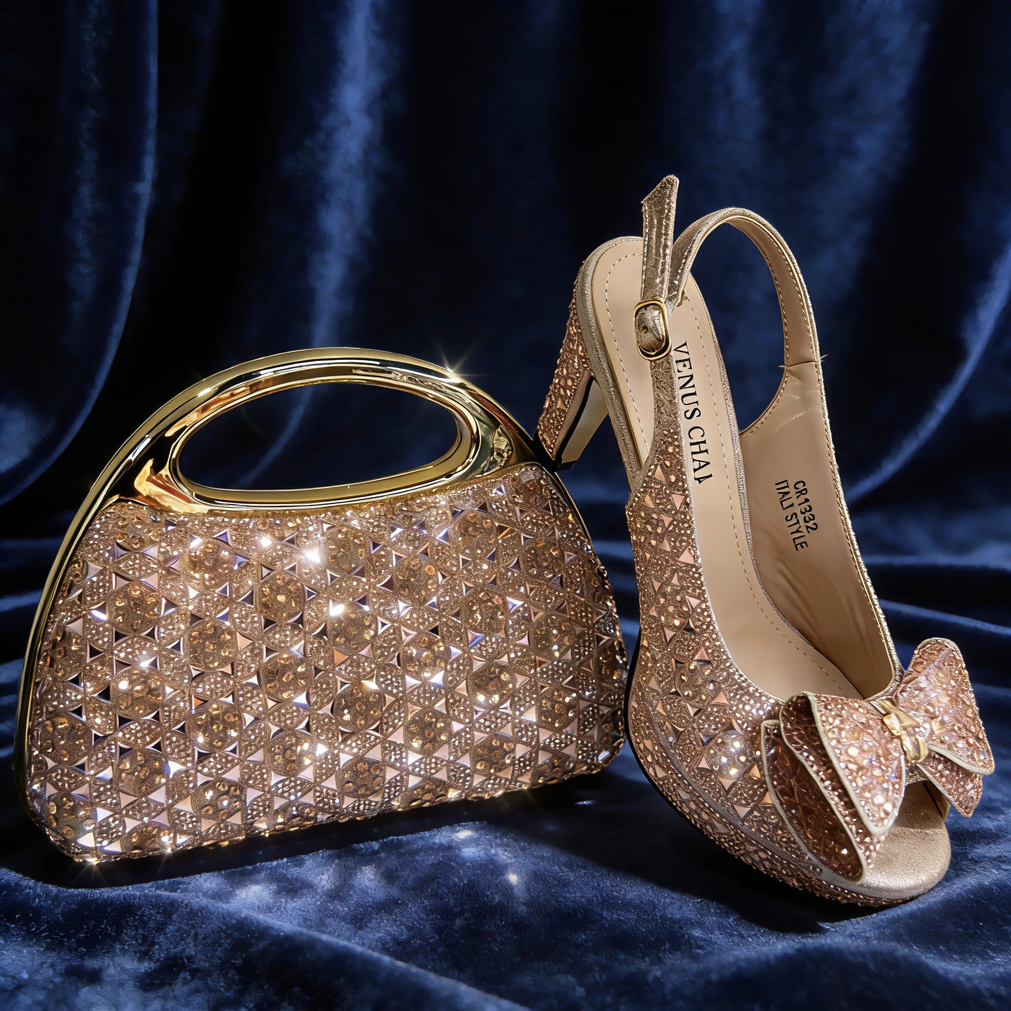 Latest Rhinestone Peep-Toe High and Bag Set EDS36