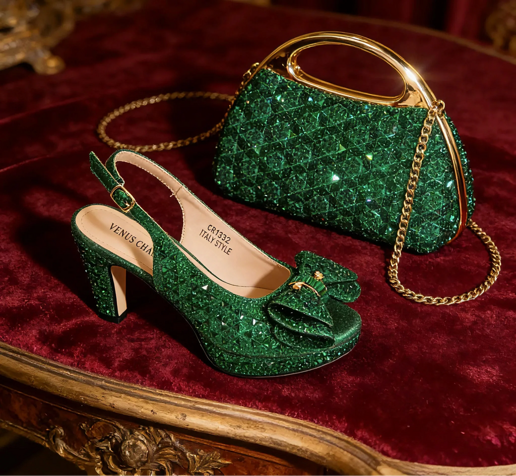 Rhinestone Peep-Toe High Heel and Elegant Matching Bag Set EDS432