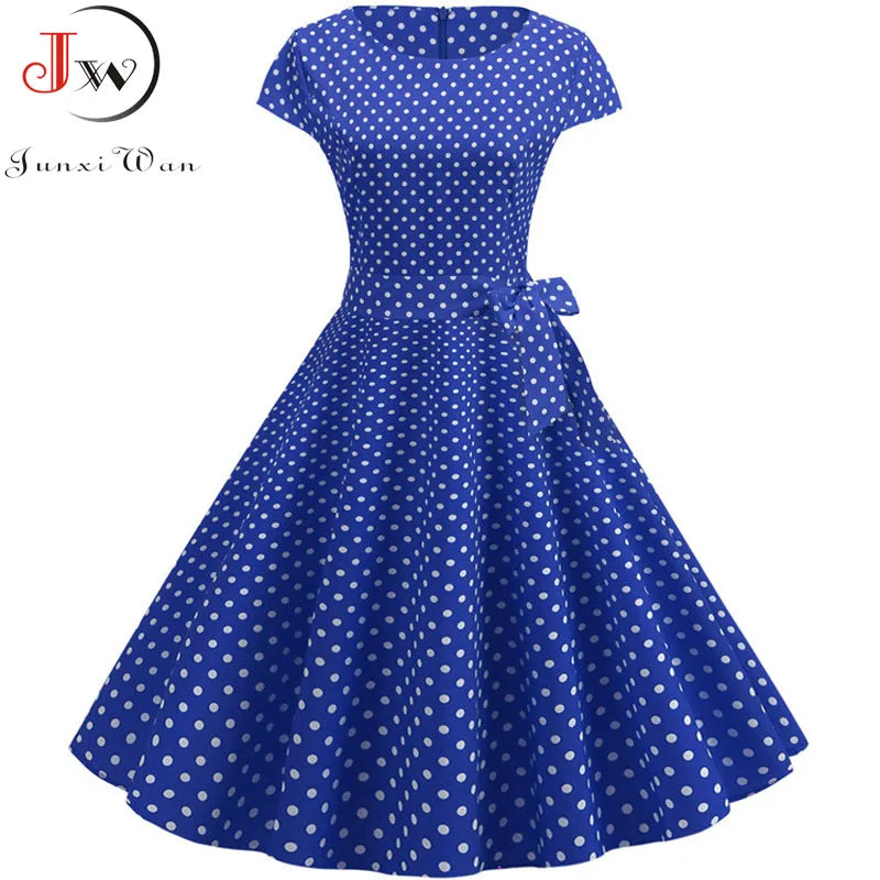 Summer Polka Dot Dress Women Elegant Short Sleeve A-Line Midi Party Dress Sundress Robe Rockabilly Vestidos