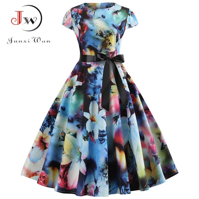 Women Floral Print Summer Dress 50s 60s Vintage Dress Female Short Sleeve Retro Robe Rockabilly Party Dresses Vestidos