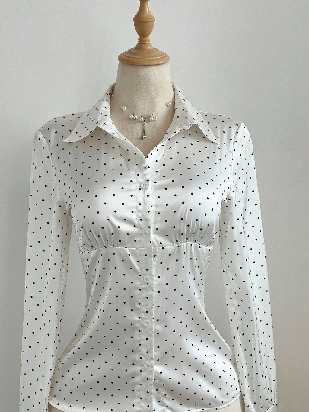 Women Satin Polka Dot Long Sleeve Shirt And Slip Dress 2-Piece Set