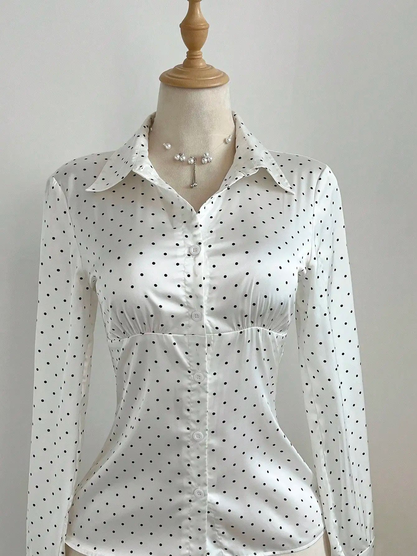 Women Satin Polka Dot Long Sleeve Shirt And Slip Dress 2-Piece Set