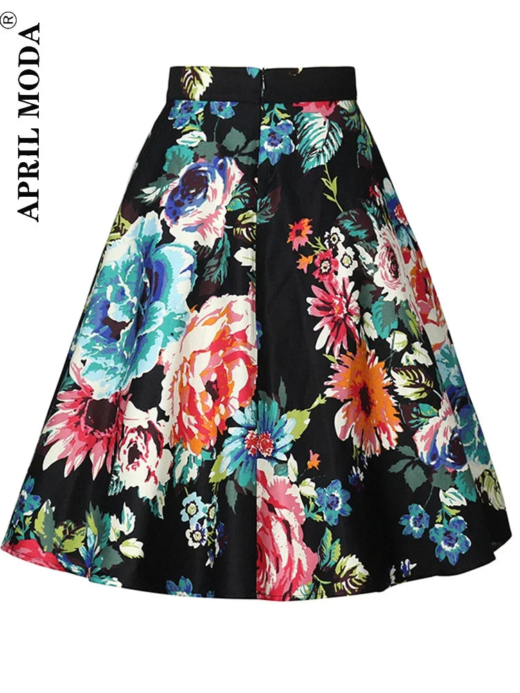 2024 Women Causal A Line Swing Runway Skirt Floral Print Fashion Sexy Summer Vintage Skirt Slim High Waist Pinup 50s 60s Skirts