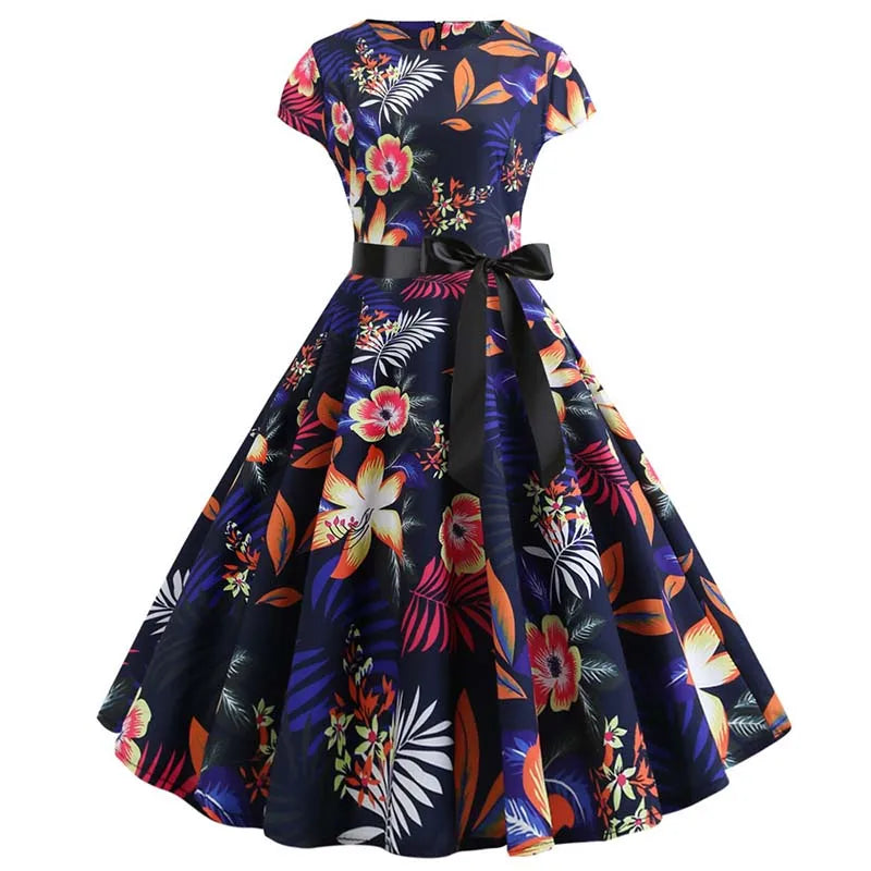 Women Floral Print Summer Dress 50s 60s Vintage Dress Female Short Sleeve Retro Robe Rockabilly Party Dresses Vestidos