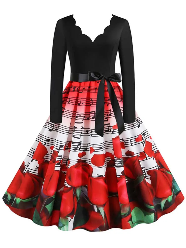 Women Long Sleeve Winter Vintage Dresses Sexy Black Music Note Print V-neck Rockabilly Pin up Party Dress Vestidos Plus size