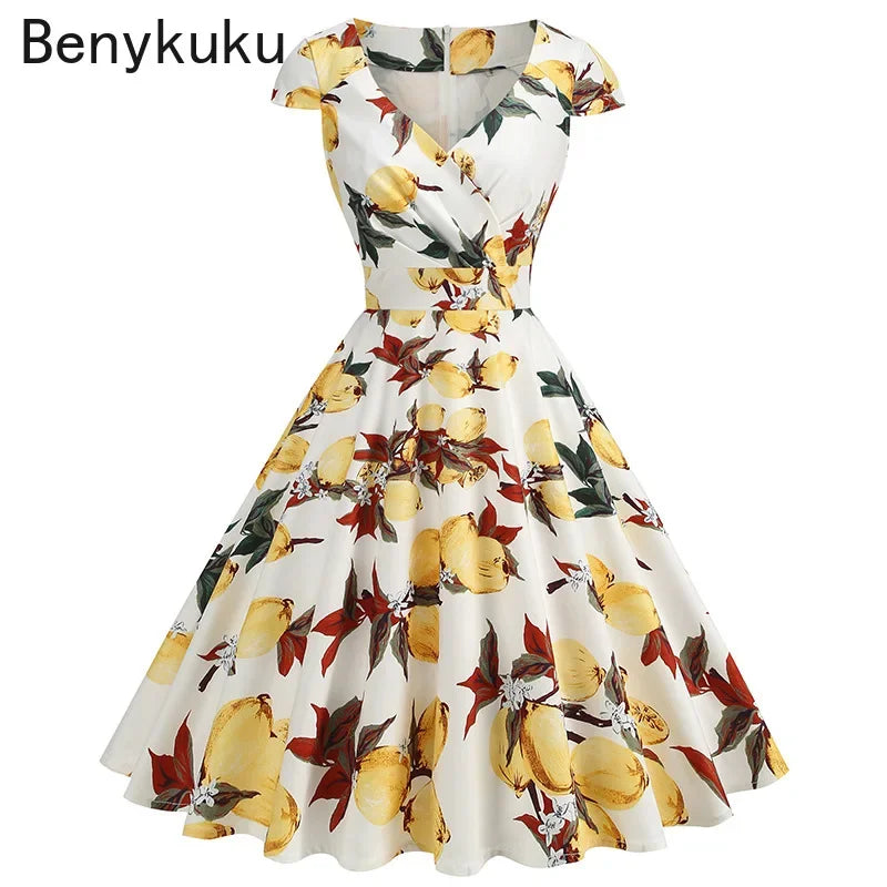 Print Cherry Sunflower 50s 60s Pin Up Rockabilly Dress 2025 V Neck Summer Clothes Women Hepburn Vintage Swing  Party Dresses