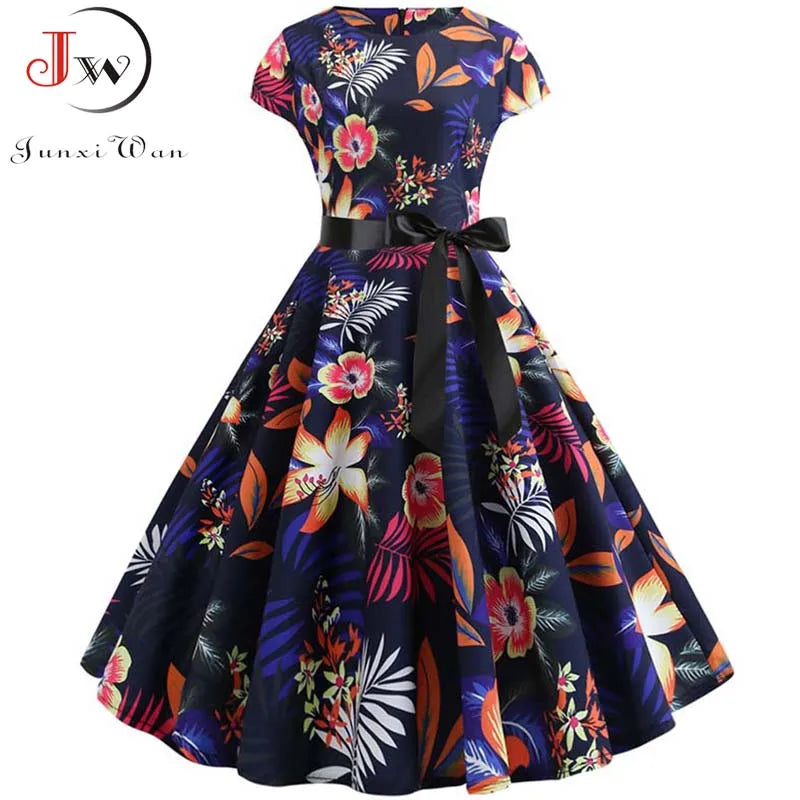 Women Floral Print Summer Dress 50s 60s Vintage Dress Female Short Sleeve Retro Robe Rockabilly Party Dresses Vestidos