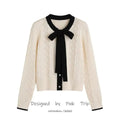 Lace Up Bow Knit Cardigan Spring And Autumn New Women's Color Contrast Hollow Pin Short Slim Top