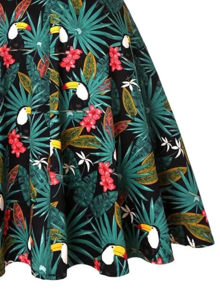 Harajuku Vintage 60s Woodpecker Print  A Line Skirts 2024 New Holiday Tropical Pin Up Swing Skater Knee Length Women Print Skirt