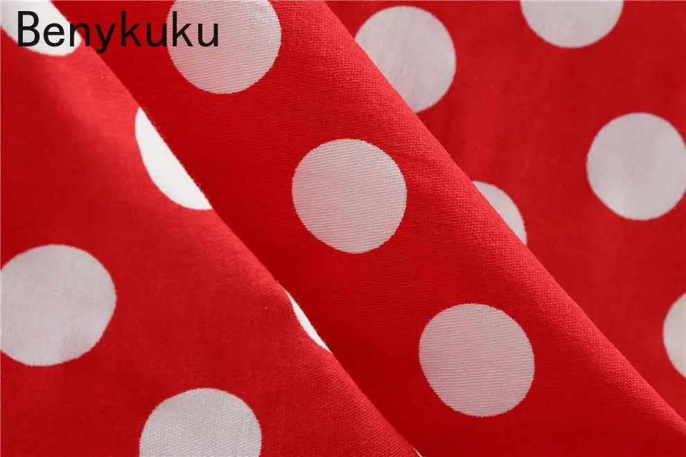 Retro Red Polka Dot Summer Dress Audrey Hepburn Vintage Swing Clothes Puff Sleeve 50s 60s Pin Up Rockabilly Dresses Robe Femme