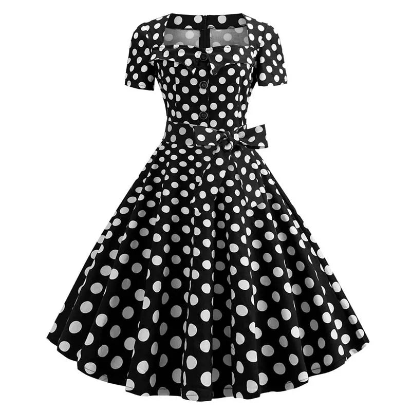 Women Summer Dress Elegant Retro Swing Pinup Casual Short Sleeve Red Party Midi Dresses With Belt