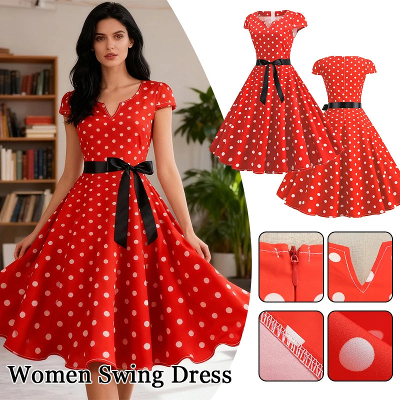 Women Vintage 1950s 60s  Polka Dot Big Swing Dress Aesthetic Bowknot Sash Belt Gown Pinup Rockabilly Party Sundress Elegant Robe