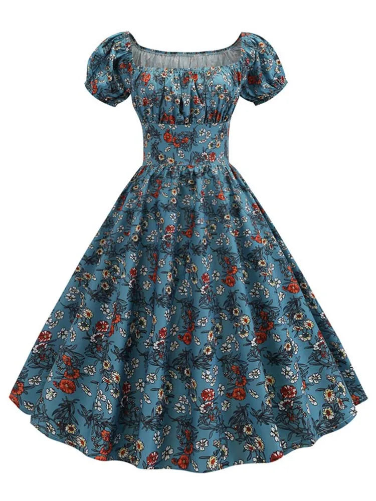 Elegant Floral Print Summer Dress Women Puff Sleeve Swing Vintage Pin up Party Robe Femme Classic Jurken Style