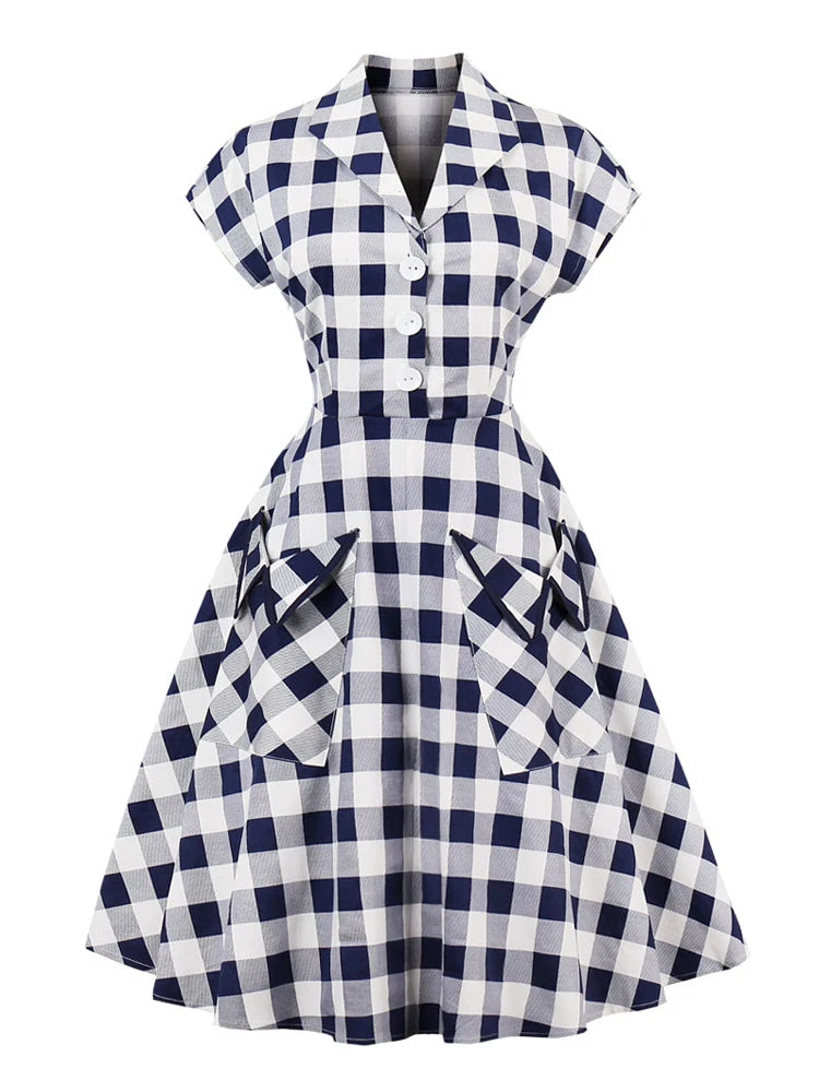 Tonval Blue and White Gingham Vintage 50s Pinup Dresses for Women Summer Big Pockets Cotton Elegant Plaid Midi Dress