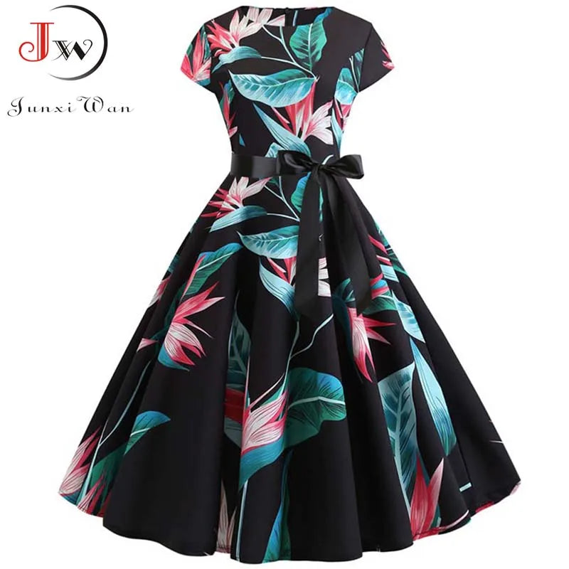 Women Floral Print Summer Dress 50s 60s Vintage Dress Female Short Sleeve Retro Robe Rockabilly Party Dresses Vestidos
