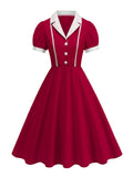 Tonval Notched Collar Puff Sleeve 1950s Pinup Vintage Dress Buttons Front Women 2026 Summer Clothes Lace Detail Swing Dresses