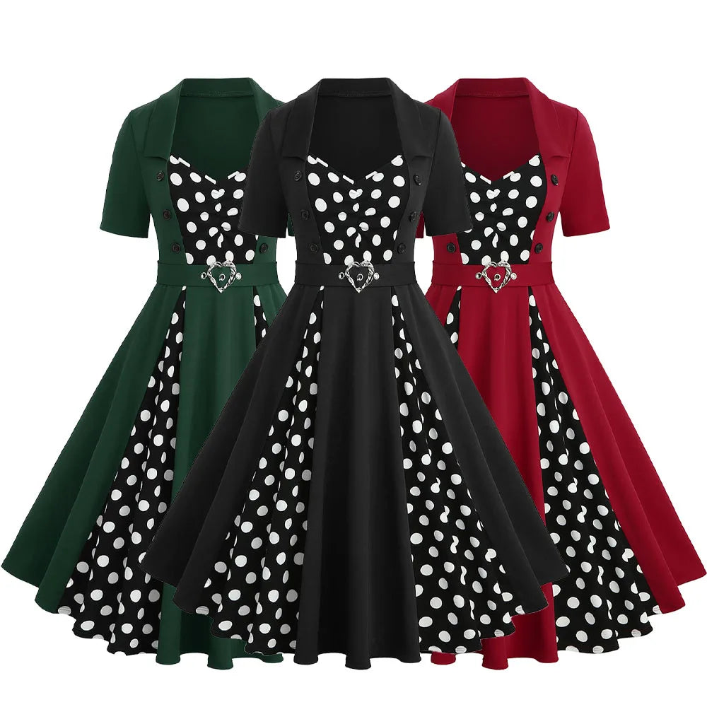 ROSEGAL Plus Size Womens 1950s Retro Vintage Dresses Polka Dot Mock Buttons Heart Buckle Ruched Rockabilly Cocktail Party Dress