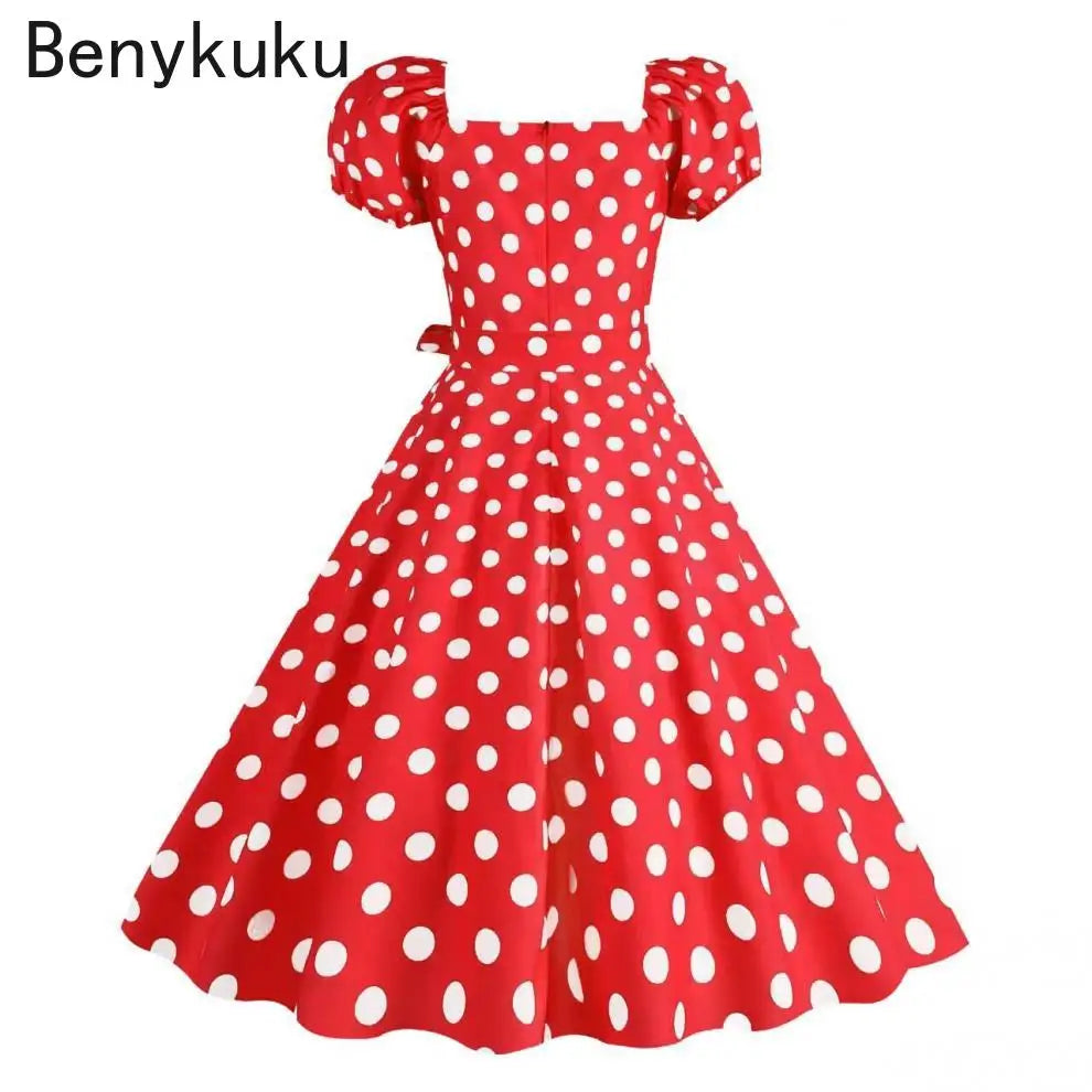 Retro Red Polka Dot Summer Dress Audrey Hepburn Vintage Swing Clothes Puff Sleeve 50s 60s Pin Up Rockabilly Dresses Robe Femme