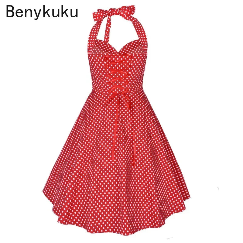 Polka Dot Hepburn Style 50s 60s Vintage Dress A-Line Backless Halter Pin Up Rockabilly Dress Women Summer Retro Party Vestidos