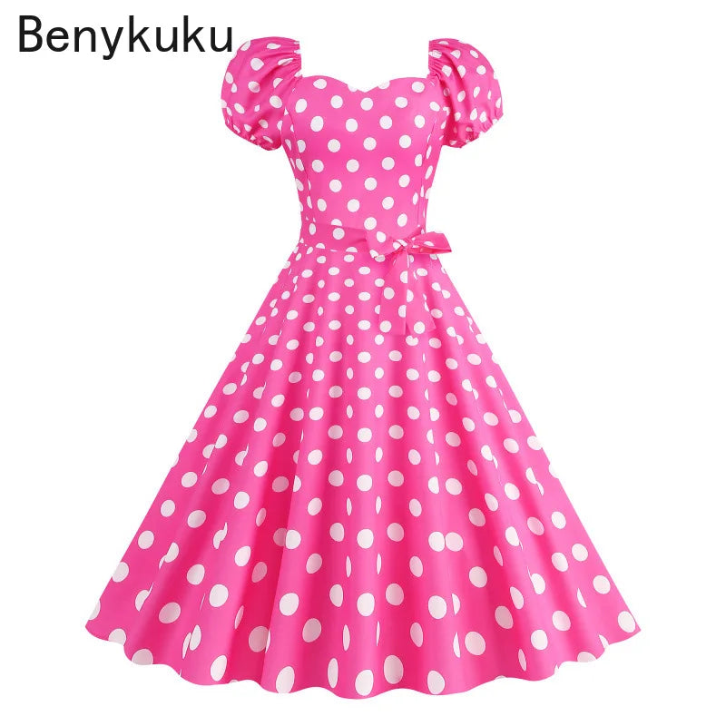 Retro Red Polka Dot Summer Dress Audrey Hepburn Vintage Swing Clothes Puff Sleeve 50s 60s Pin Up Rockabilly Dresses Robe Femme