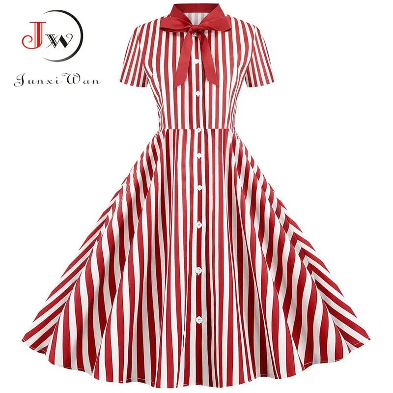 Black Polka Dot Print Summer Dress for Women Short Sleeve Striped Bow Elegant Vintage 50s Pin up Party Vestidos