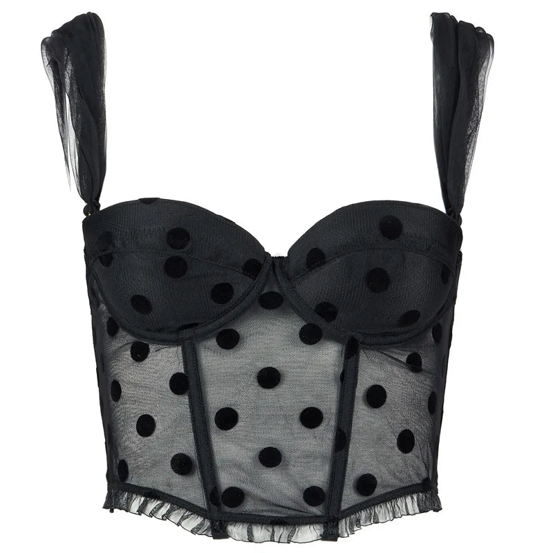 Women's Black Polka Dot Mesh Bustier Top, Sheer Lace Trim Corset Crop Top, Retro Pin-Up Style Camisole for Party & Date Night
