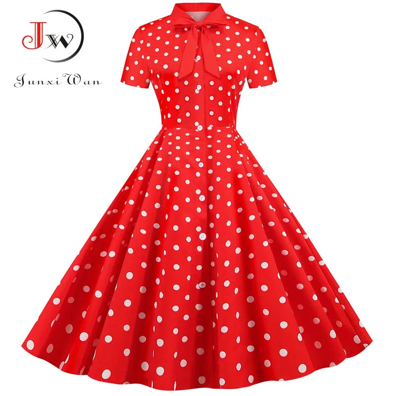 Black Polka Dot Print Summer Dress for Women Short Sleeve Striped Bow Elegant Vintage 50s Pin up Party Vestidos