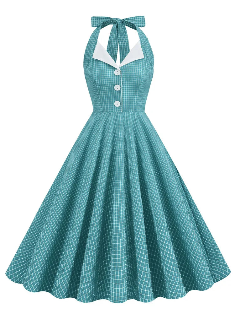 Tonval Button Up Plaid Vintage Fit and Flare Dress Summer Women Pinup Robe Halter Backless Evening Party Pockets Dresses