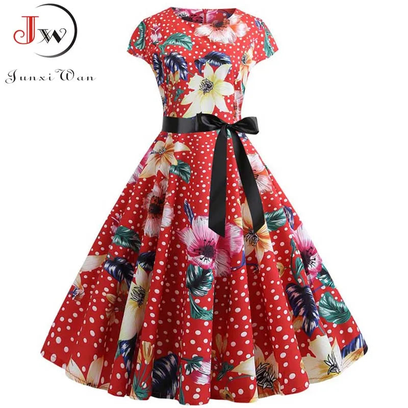 Women Floral Print Summer Dress 50s 60s Vintage Dress Female Short Sleeve Retro Robe Rockabilly Party Dresses Vestidos