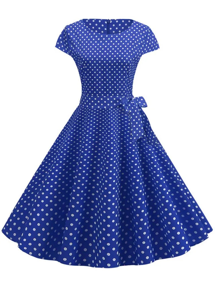 Summer Polka Dot Dress Women Elegant Short Sleeve A-Line Midi Party Dress Sundress Robe Rockabilly Vestidos