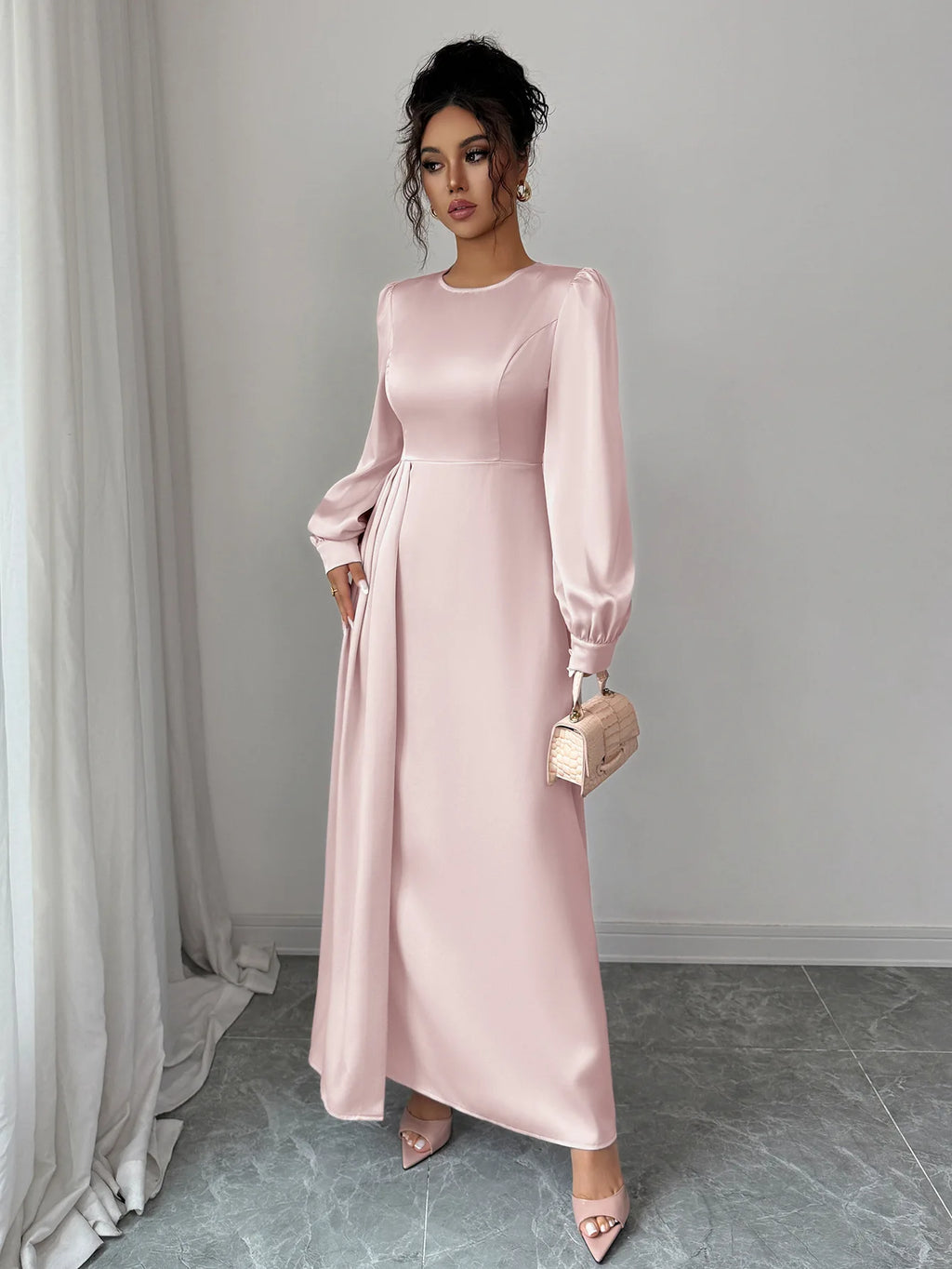 Women's Pink Satin Maxi Dress Long Puff Sleeve Round Neck High Waist Pleated Flare Skirt Formal Evening Party Wedding Guest Gown