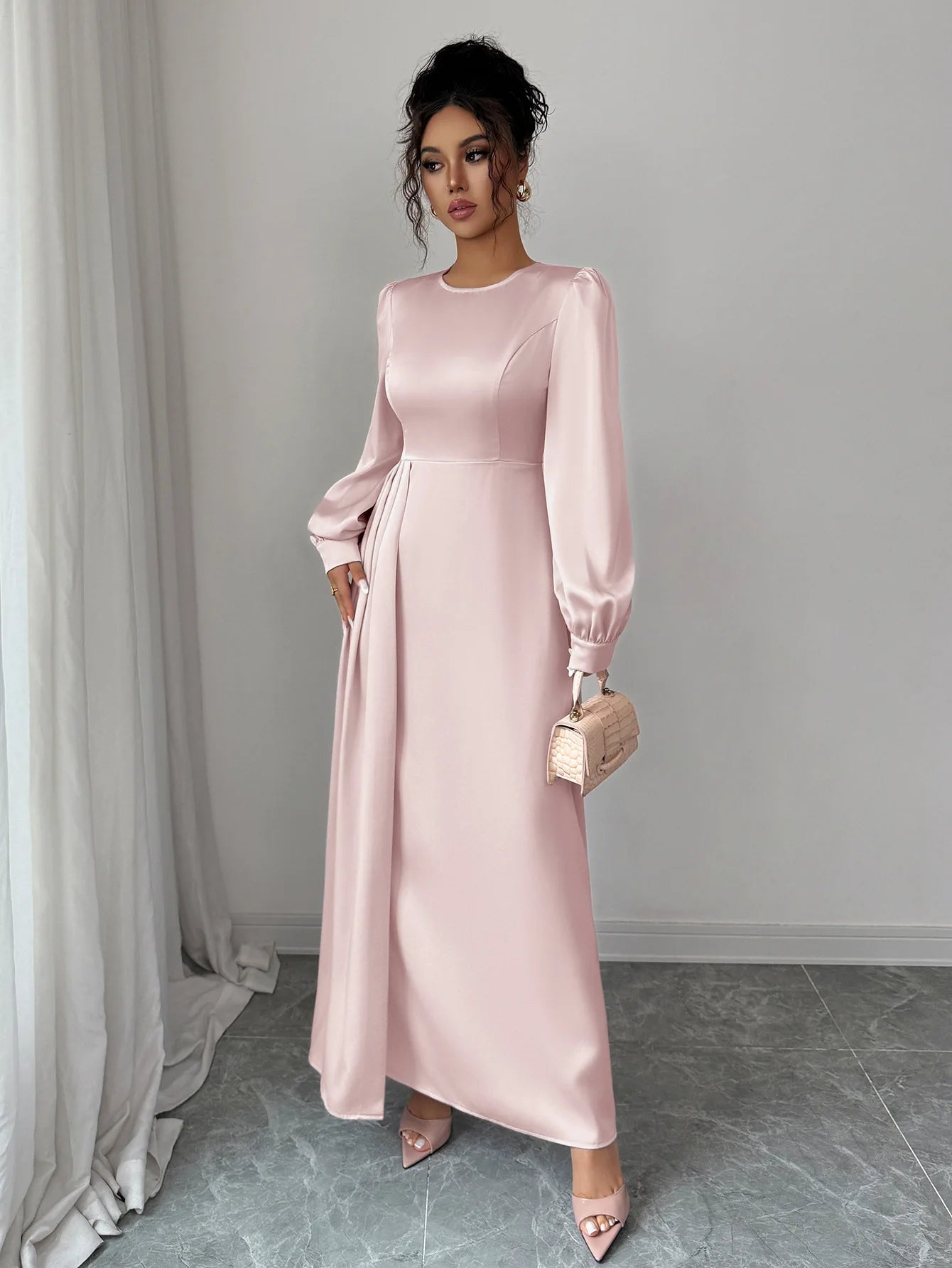 Women's Pink Satin Maxi Dress Long Puff Sleeve Round Neck High Waist Pleated Flare Skirt Formal Evening Party Wedding Guest Gown