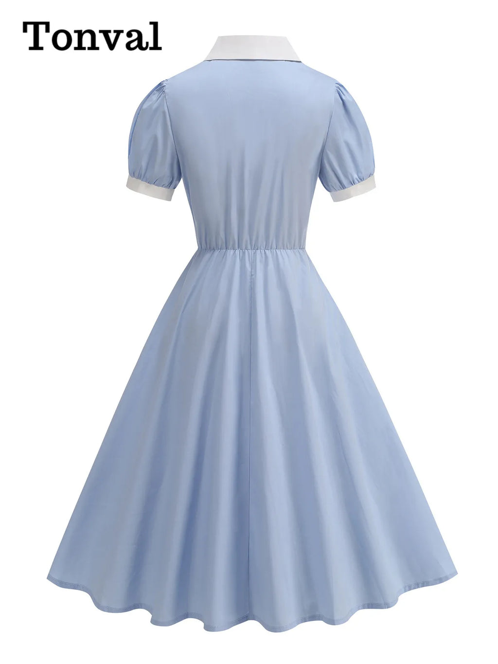 Tonval Notched Collar Puff Sleeve 1950s Pinup Vintage Dress Buttons Front Women 2026 Summer Clothes Lace Detail Swing Dresses