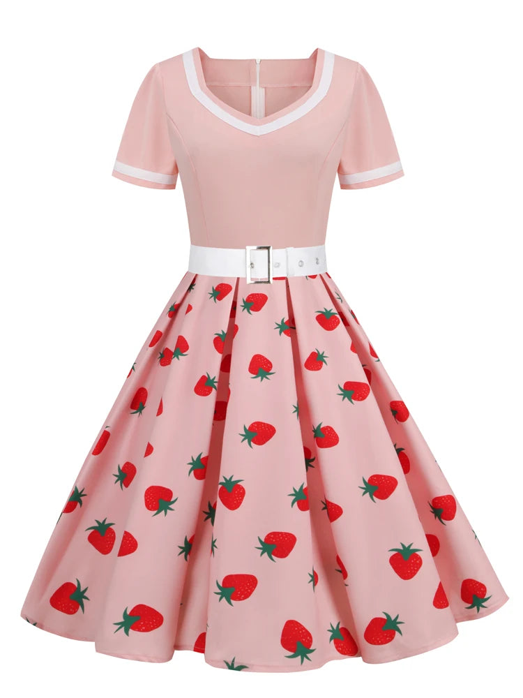 Tonval Pink V-Neck Short Sleeve Pleated Vintage Strawberry Dress with Belt for Women 50s Pinup Robe Evening Summer Dresses 2024