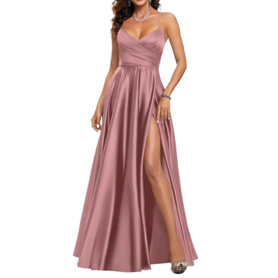 Classic Spaghetti Straps Side Split Back Lace Up Satin Long Bridesmaid Dress