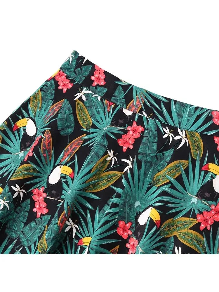 Harajuku Vintage 60s Woodpecker Print  A Line Skirts 2024 New Holiday Tropical Pin Up Swing Skater Knee Length Women Print Skirt