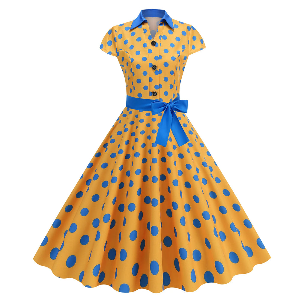 Polka Dot Summer Dress 2025 Women Hepburn Vintage Rockabilly Pin Up Dress Robe Femme Belted Casual Retro Elegant Party Sundress